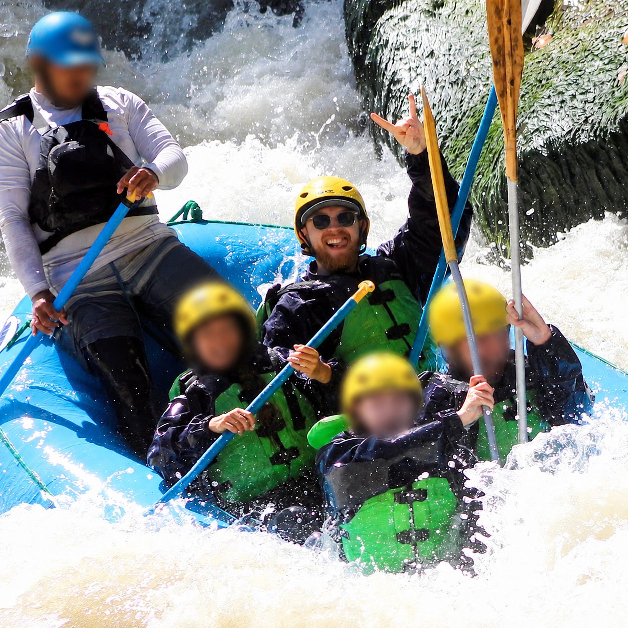 The Bad Digital Nomad during a rafting trip with other faces blurred